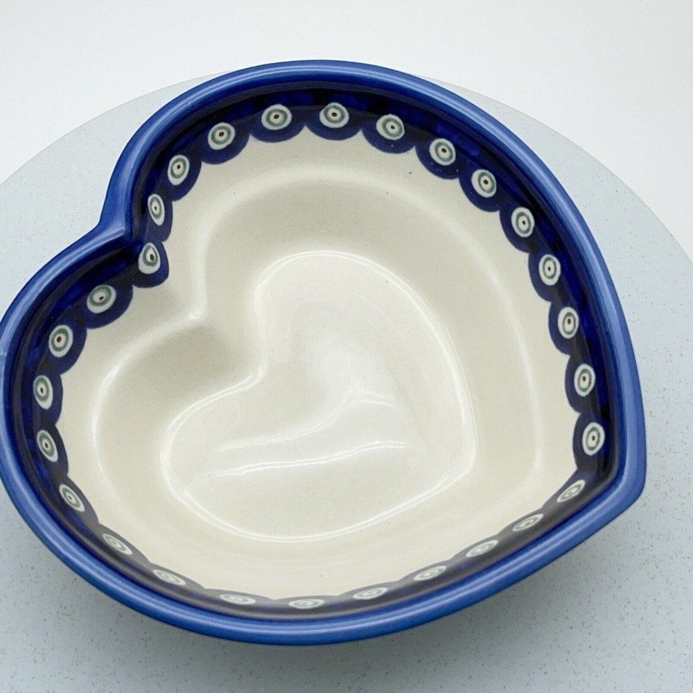Boleslawiec Pottery Heart Shaped Bowl 6" Peacock Eye Flowers Dish Made in Poland - Picture 3 of 15